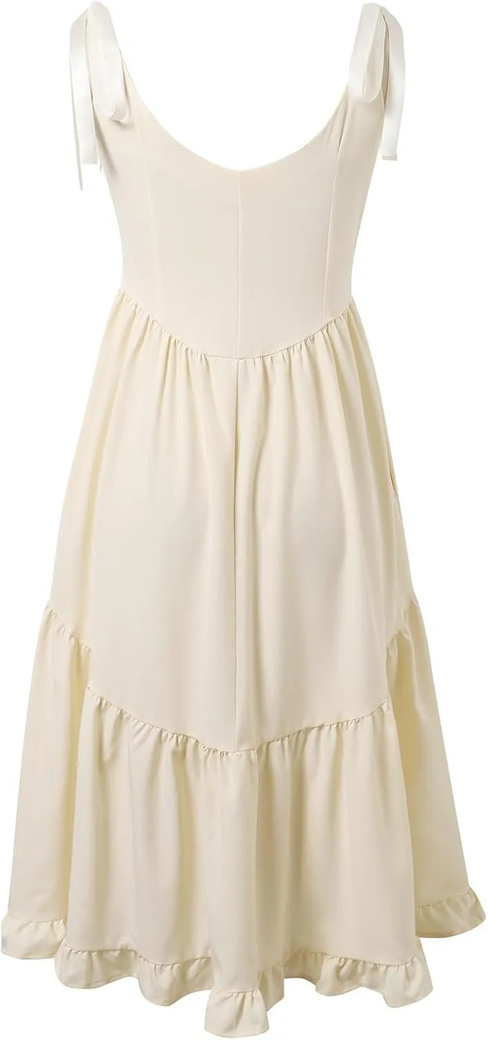 Women Boho Tie Shoulder Maxi Dress Smocked Long Dress Sleeveless Flowy Summer Beach Plus Size Dresses