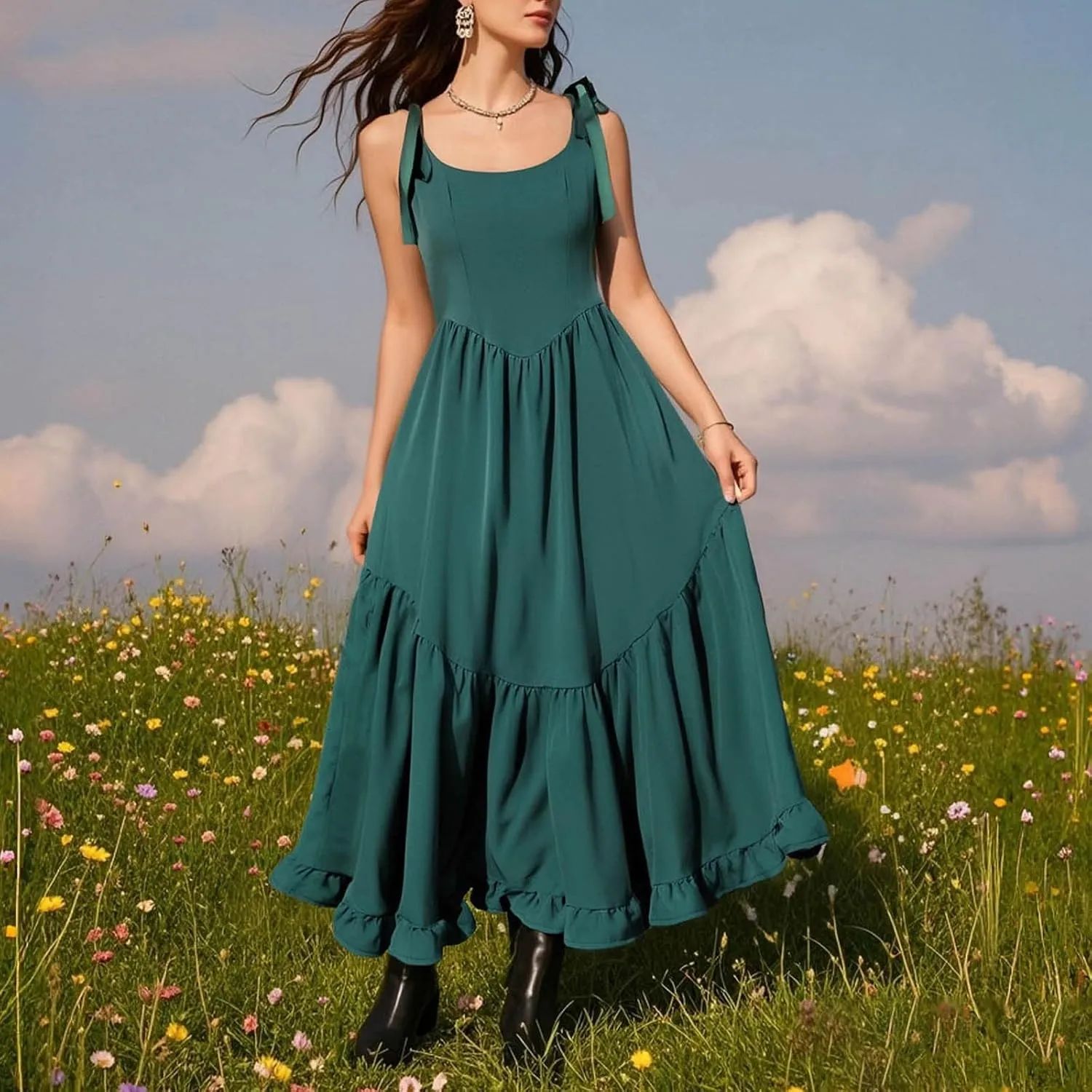 Women Boho Tie Shoulder Maxi Dress Smocked Long Dress Sleeveless Flowy Summer Beach Plus Size Dresses