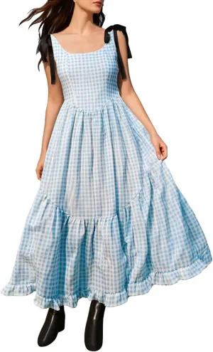 Women Boho Tie Shoulder Maxi Dress Smocked Long Dress Sleeveless Flowy Summer Beach Plus Size Dresses