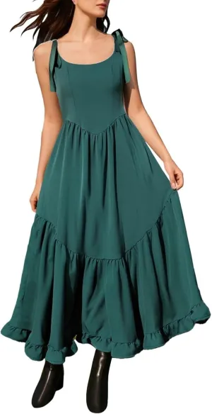 Women Boho Tie Shoulder Maxi Dress Smocked Long Dress Sleeveless Flowy Summer Beach Plus Size Dresses