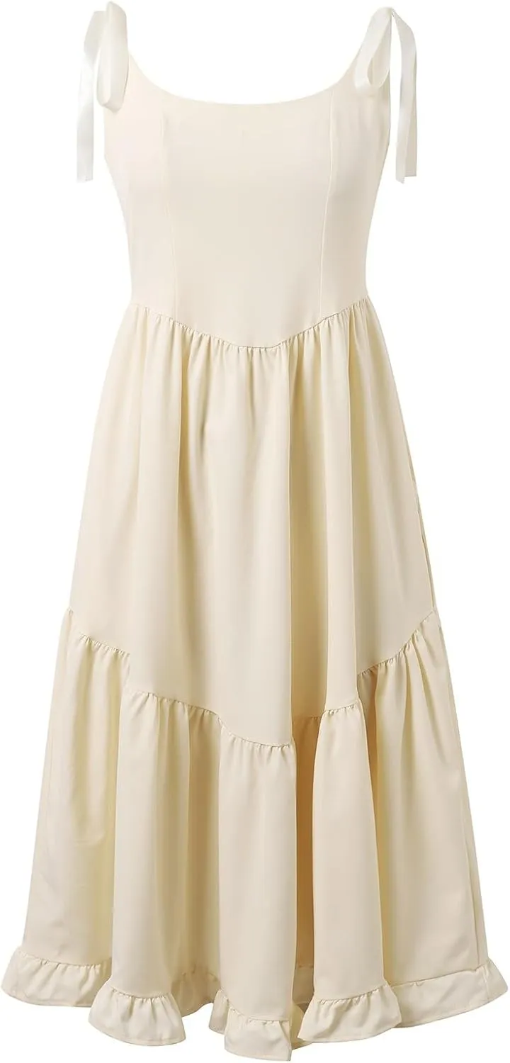 Women Boho Tie Shoulder Maxi Dress Smocked Long Dress Sleeveless Flowy Summer Beach Plus Size Dresses