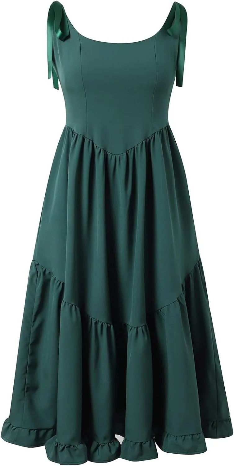 Women Boho Tie Shoulder Maxi Dress Smocked Long Dress Sleeveless Flowy Summer Beach Plus Size Dresses