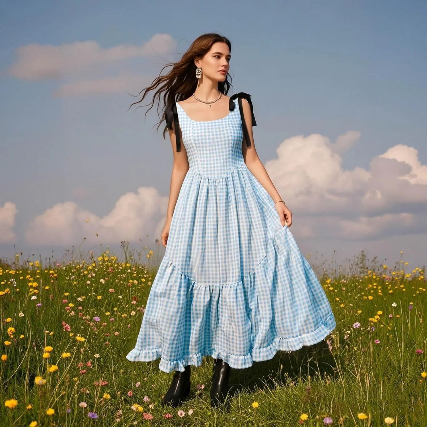 Women Boho Tie Shoulder Maxi Dress Smocked Long Dress Sleeveless Flowy Summer Beach Plus Size Dresses