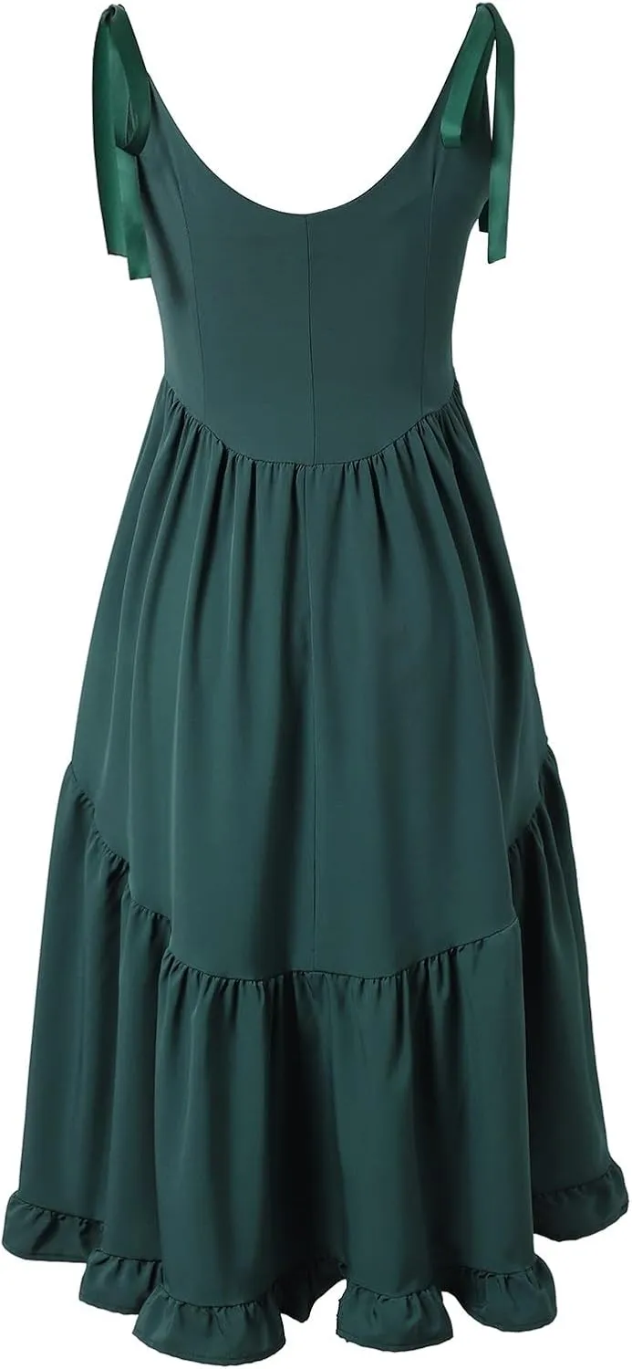 Women Boho Tie Shoulder Maxi Dress Smocked Long Dress Sleeveless Flowy Summer Beach Plus Size Dresses
