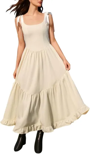 Women Boho Tie Shoulder Maxi Dress Smocked Long Dress Sleeveless Flowy Summer Beach Plus Size Dresses