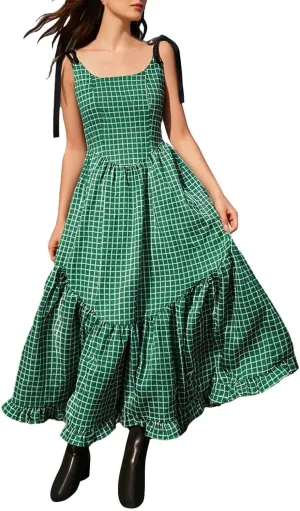 Women Boho Tie Shoulder Maxi Dress Smocked Long Dress Sleeveless Flowy Summer Beach Plus Size Dresses