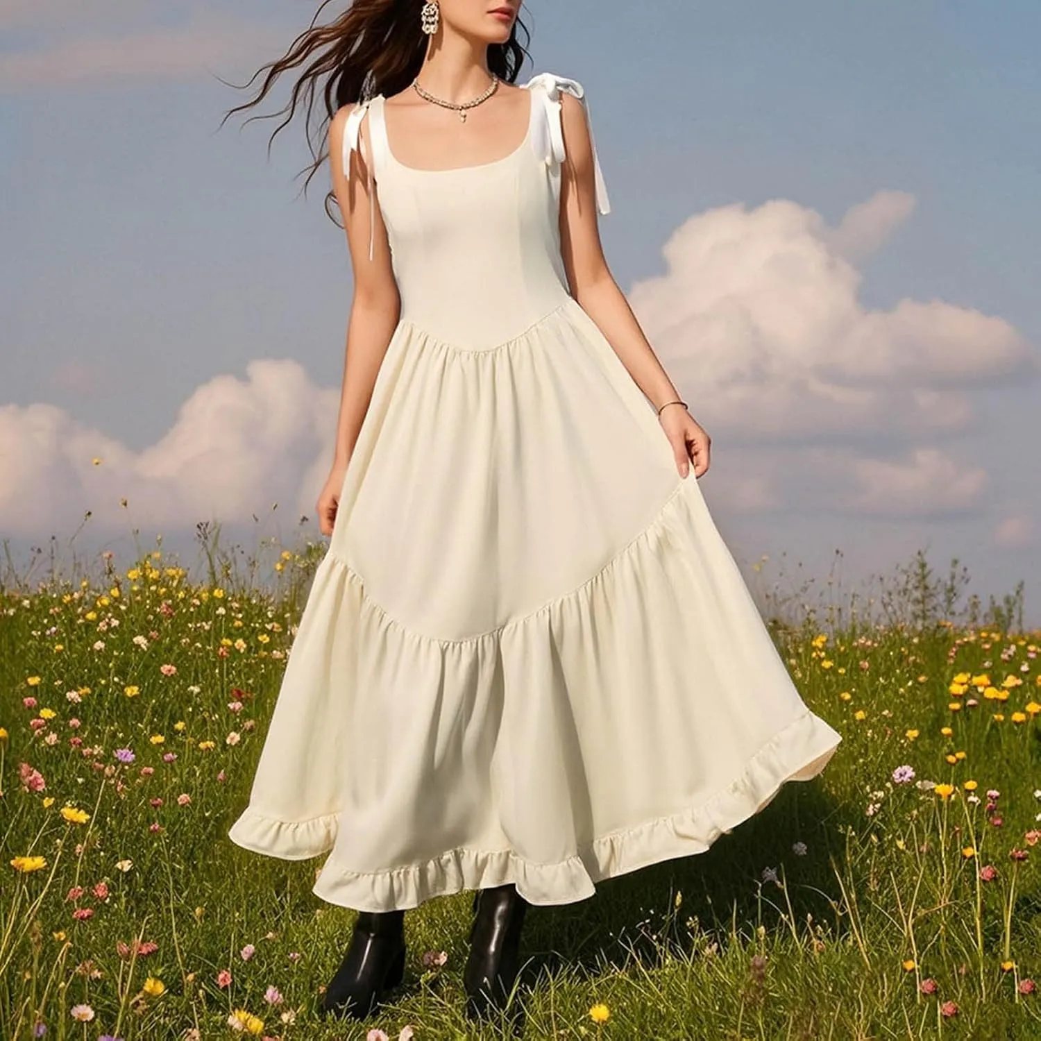 Women Boho Tie Shoulder Maxi Dress Smocked Long Dress Sleeveless Flowy Summer Beach Plus Size Dresses