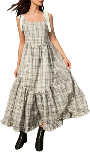 Women Boho Tie Shoulder Maxi Dress Smocked Long Dress Sleeveless Flowy Summer Beach Plus Size Dresses