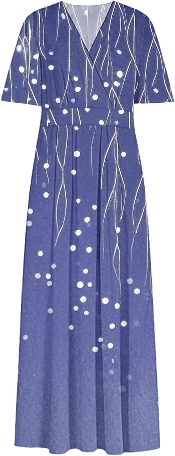 Women Casual Half Sleeve Summer Plus Size Dresses 2025 Trendy Spring V Neck Boho Floral Cocktail Party Split Maxi Dress
