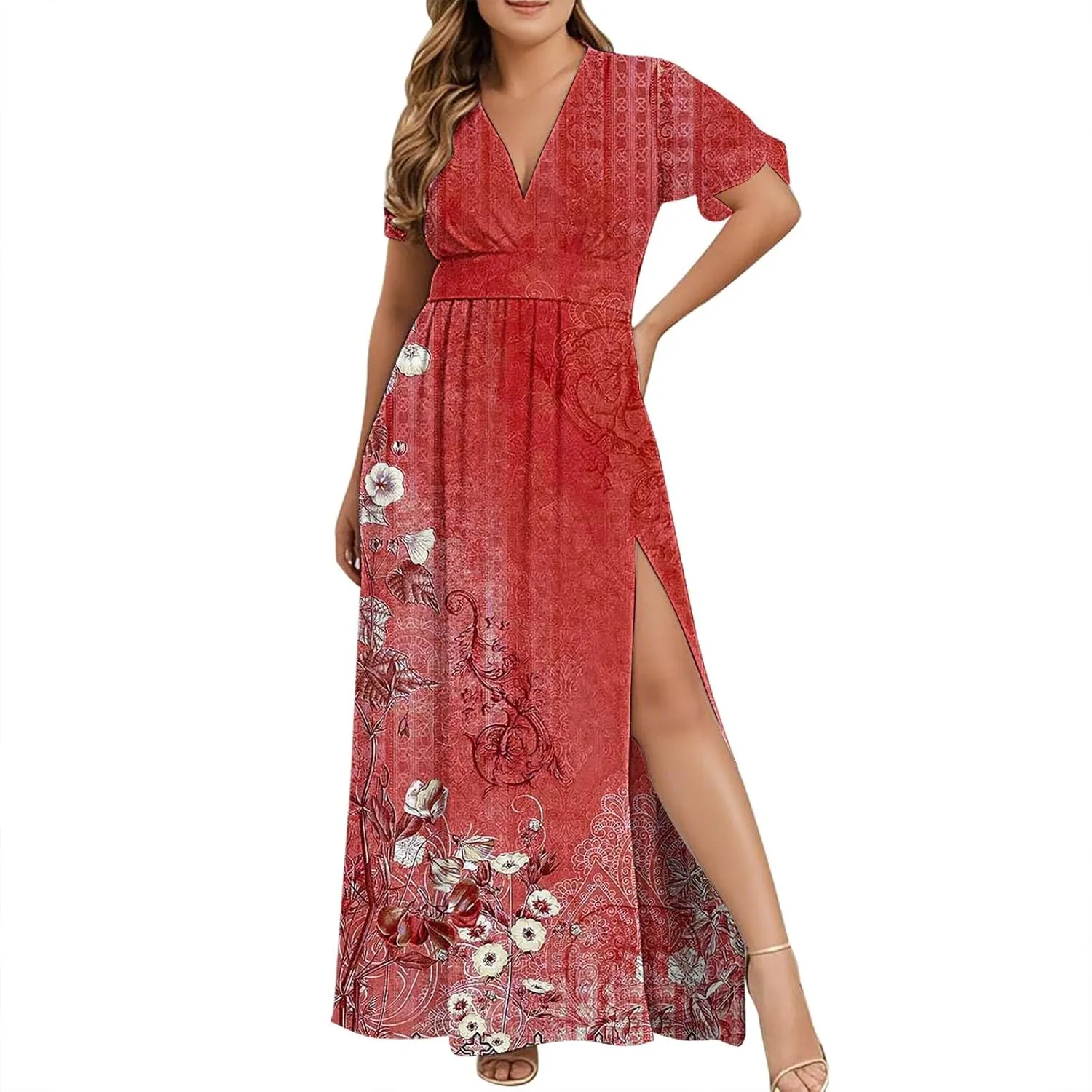 Women Casual Half Sleeve Summer Plus Size Dresses 2025 Trendy Spring V Neck Boho Floral Cocktail Party Split Maxi Dress