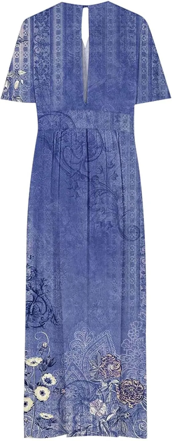Women Casual Half Sleeve Summer Plus Size Dresses 2025 Trendy Spring V Neck Boho Floral Cocktail Party Split Maxi Dress