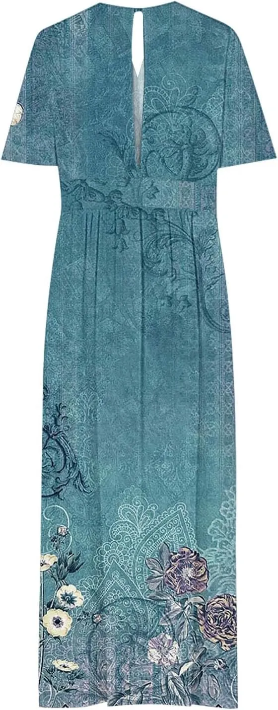Women Casual Half Sleeve Summer Plus Size Dresses 2025 Trendy Spring V Neck Boho Floral Cocktail Party Split Maxi Dress