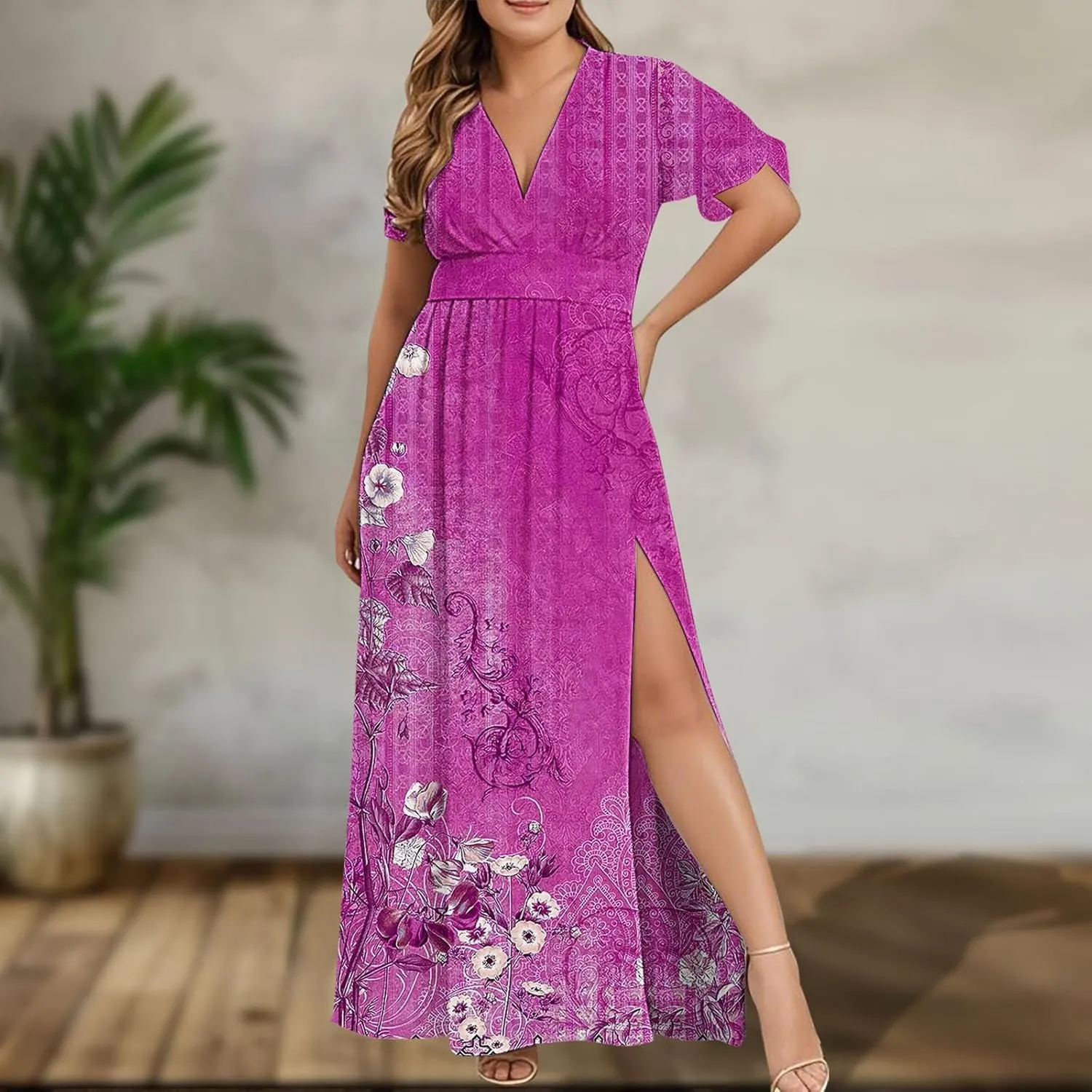 Women Casual Half Sleeve Summer Plus Size Dresses 2025 Trendy Spring V Neck Boho Floral Cocktail Party Split Maxi Dress