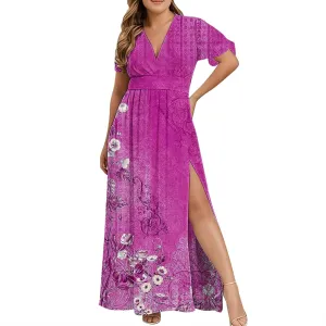 Women Casual Half Sleeve Summer Plus Size Dresses 2025 Trendy Spring V Neck Boho Floral Cocktail Party Split Maxi Dress