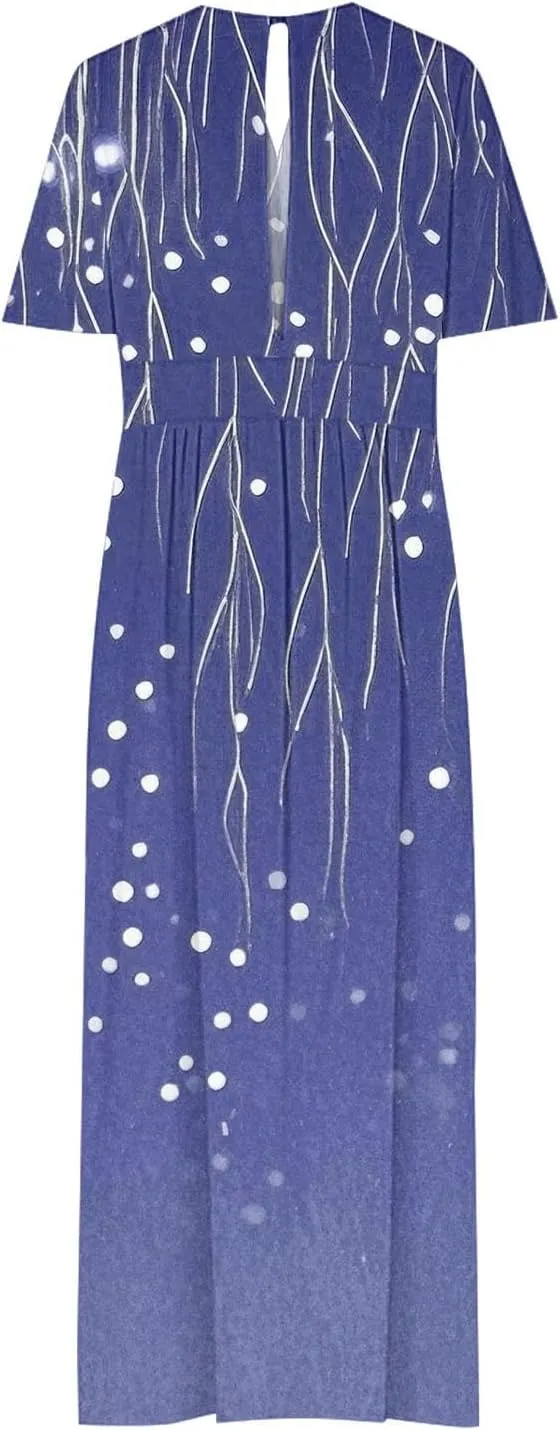 Women Casual Half Sleeve Summer Plus Size Dresses 2025 Trendy Spring V Neck Boho Floral Cocktail Party Split Maxi Dress
