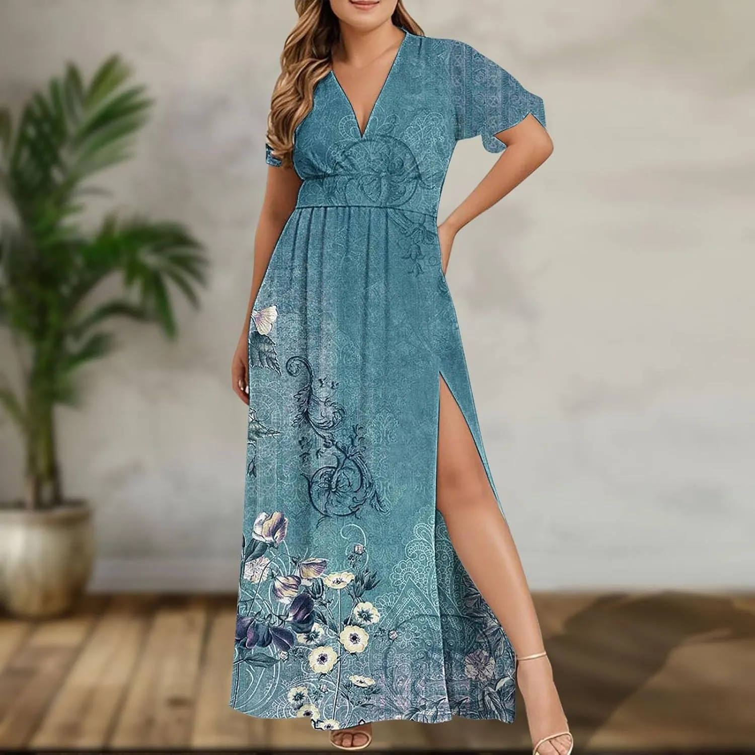 Women Casual Half Sleeve Summer Plus Size Dresses 2025 Trendy Spring V Neck Boho Floral Cocktail Party Split Maxi Dress