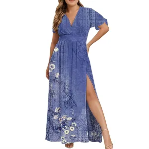 Women Casual Half Sleeve Summer Plus Size Dresses 2025 Trendy Spring V Neck Boho Floral Cocktail Party Split Maxi Dress