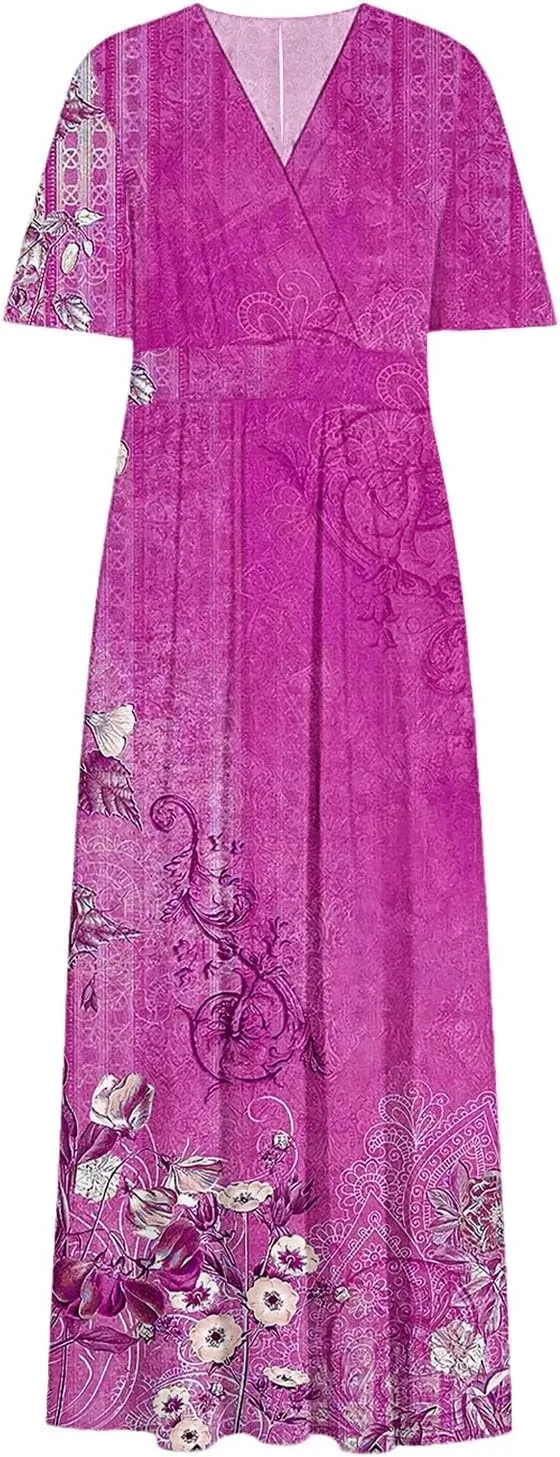Women Casual Half Sleeve Summer Plus Size Dresses 2025 Trendy Spring V Neck Boho Floral Cocktail Party Split Maxi Dress