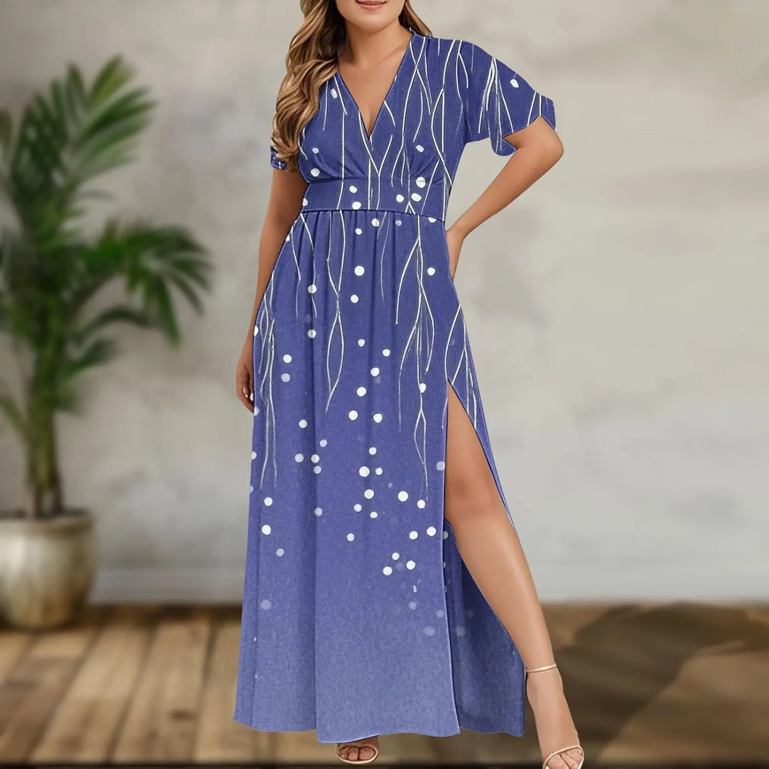 Women Casual Half Sleeve Summer Plus Size Dresses 2025 Trendy Spring V Neck Boho Floral Cocktail Party Split Maxi Dress