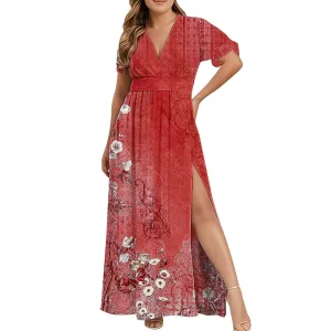 Women Casual Half Sleeve Summer Plus Size Dresses 2025 Trendy Spring V Neck Boho Floral Cocktail Party Split Maxi Dress