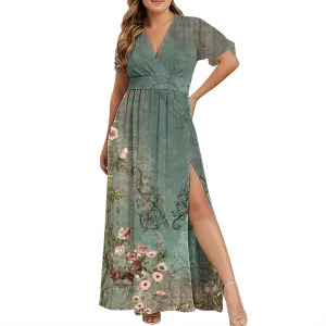 Women Casual Half Sleeve Summer Plus Size Dresses 2025 Trendy Spring V Neck Boho Floral Cocktail Party Split Maxi Dress