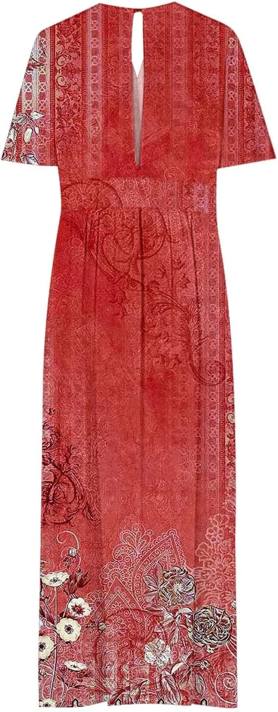 Women Casual Half Sleeve Summer Plus Size Dresses 2025 Trendy Spring V Neck Boho Floral Cocktail Party Split Maxi Dress