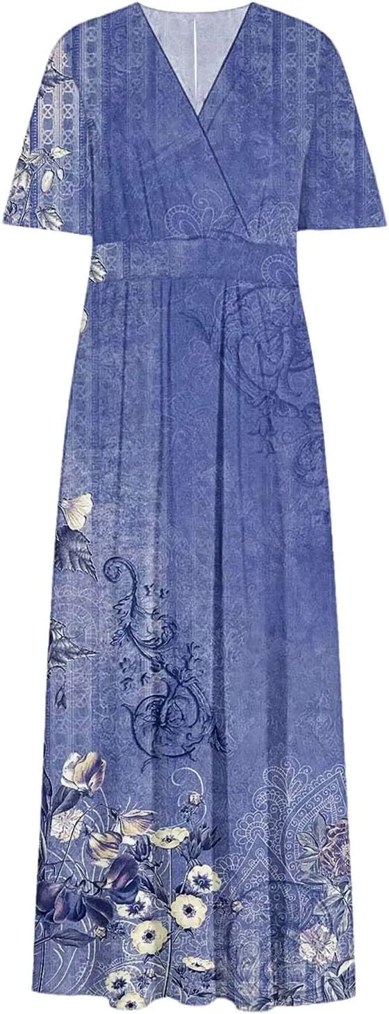 Women Casual Half Sleeve Summer Plus Size Dresses 2025 Trendy Spring V Neck Boho Floral Cocktail Party Split Maxi Dress