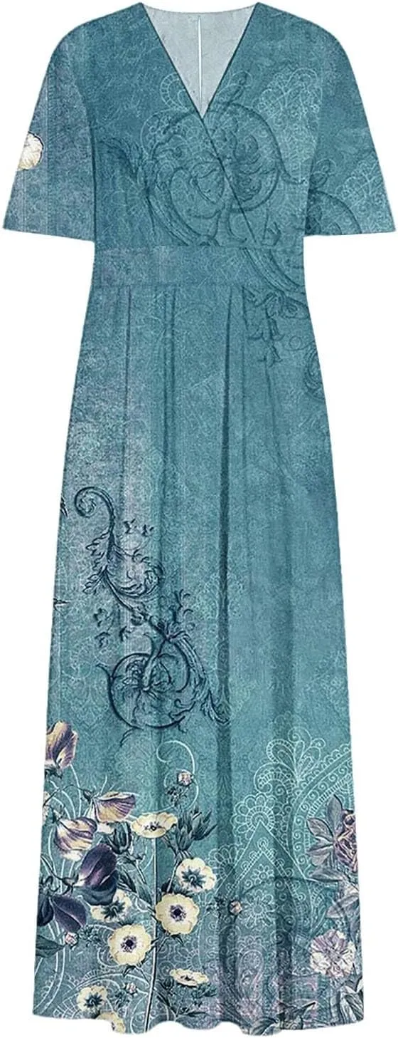Women Casual Half Sleeve Summer Plus Size Dresses 2025 Trendy Spring V Neck Boho Floral Cocktail Party Split Maxi Dress