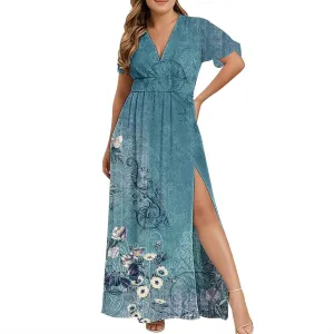 Women Casual Half Sleeve Summer Plus Size Dresses 2025 Trendy Spring V Neck Boho Floral Cocktail Party Split Maxi Dress