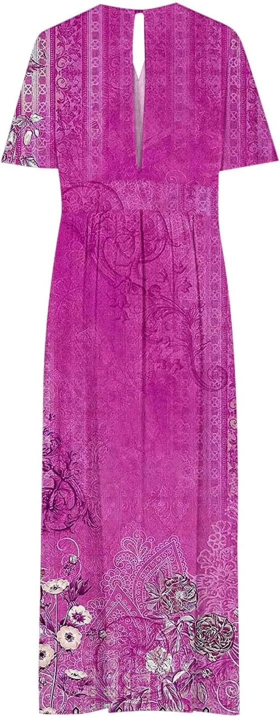 Women Casual Half Sleeve Summer Plus Size Dresses 2025 Trendy Spring V Neck Boho Floral Cocktail Party Split Maxi Dress