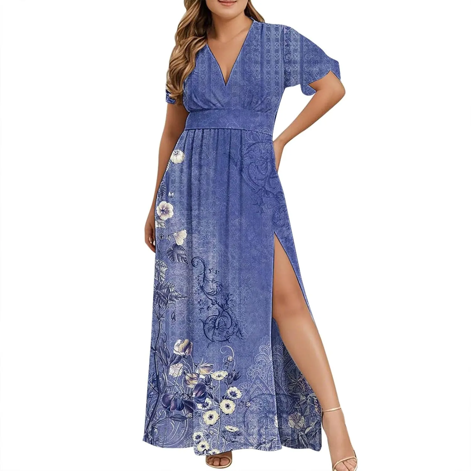 Women Casual Half Sleeve Summer Plus Size Dresses 2025 Trendy Spring V Neck Boho Floral Cocktail Party Split Maxi Dress