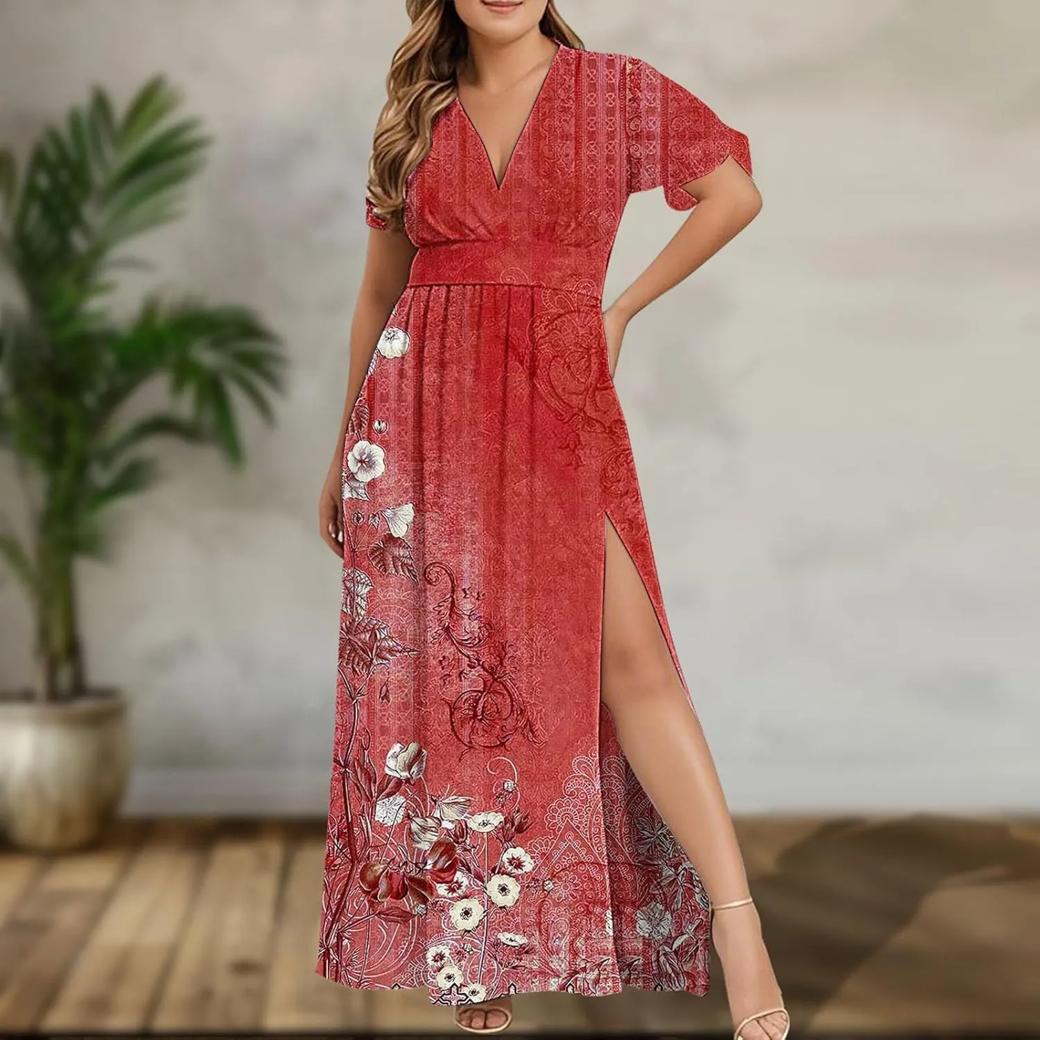 Women Casual Half Sleeve Summer Plus Size Dresses 2025 Trendy Spring V Neck Boho Floral Cocktail Party Split Maxi Dress