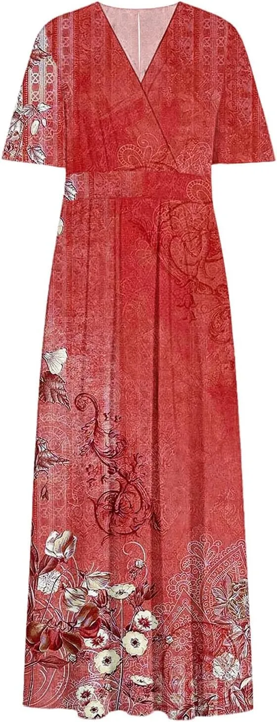 Women Casual Half Sleeve Summer Plus Size Dresses 2025 Trendy Spring V Neck Boho Floral Cocktail Party Split Maxi Dress