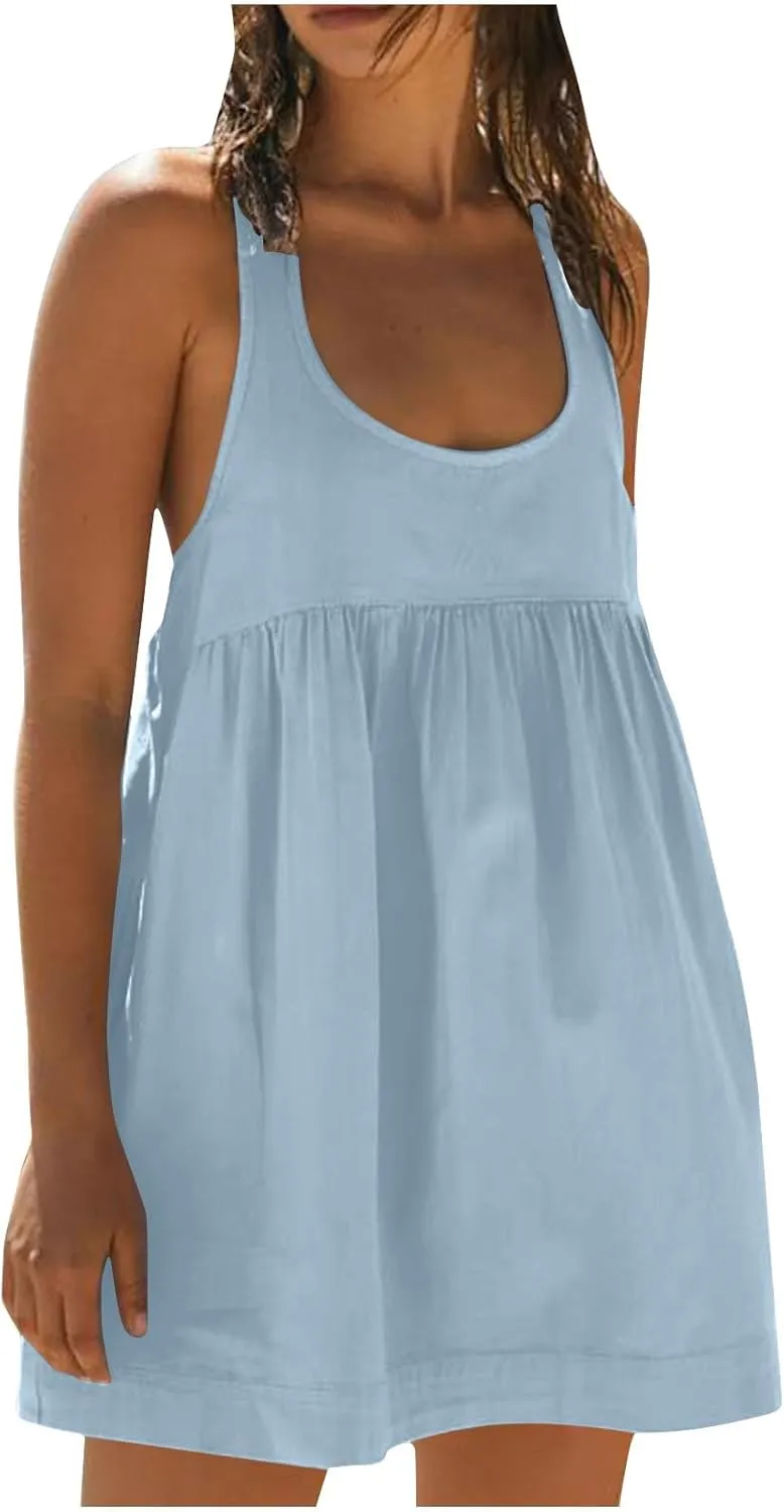 Women Casual Solid Sleeveless Dress Loose Comfy Beach Dress Summer Vacation Mini Dress Sundresses Swim Coverups
