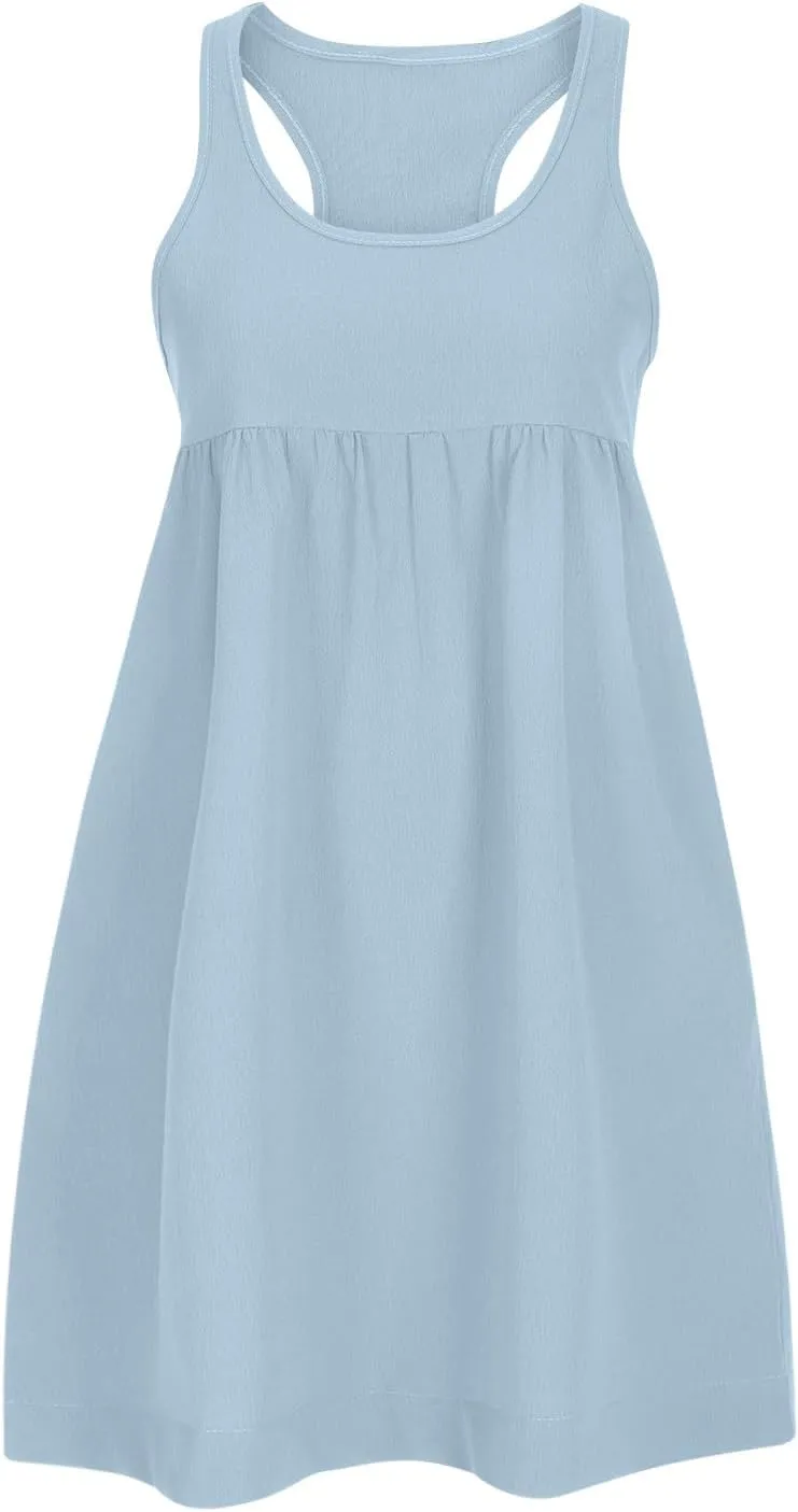 Women Casual Solid Sleeveless Dress Loose Comfy Beach Dress Summer Vacation Mini Dress Sundresses Swim Coverups