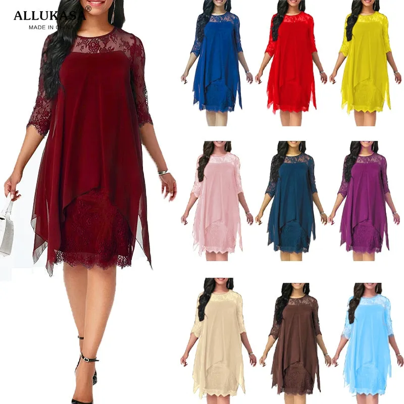 Women Fashions Half Sleeves Semi Sheer Lace Plus Size Chiffon Dresses