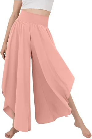 Women Flowy Split Wide Leg Pants High Waisted Yoga Pants Baggy Hippie Pilates Pants Boho Beach Plus Size Palazzo