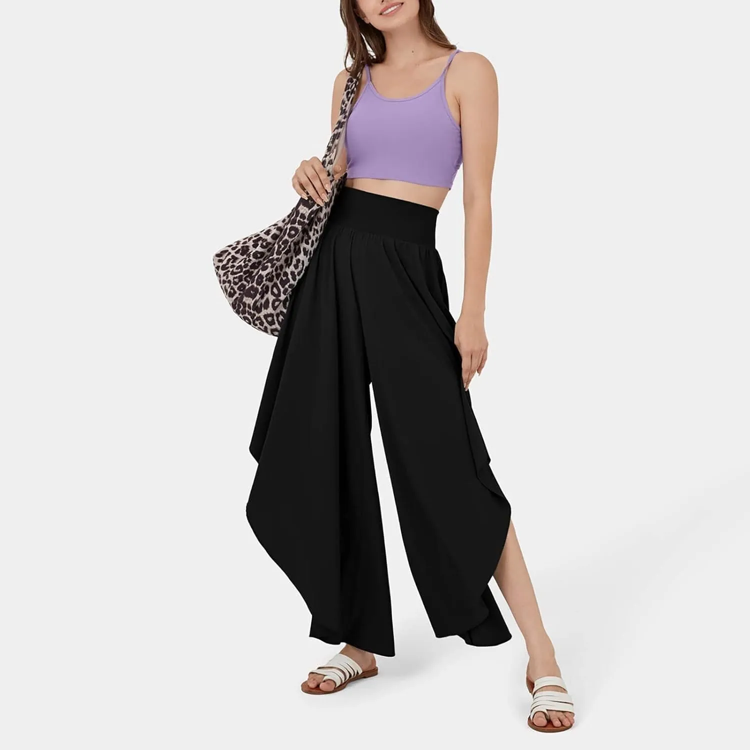 Women Flowy Split Wide Leg Pants High Waisted Yoga Pants Baggy Hippie Pilates Pants Boho Beach Plus Size Palazzo