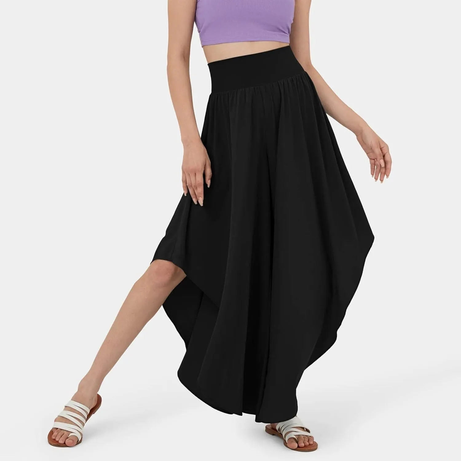 Women Flowy Split Wide Leg Pants High Waisted Yoga Pants Baggy Hippie Pilates Pants Boho Beach Plus Size Palazzo