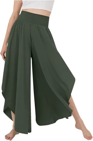 Women Flowy Split Wide Leg Pants High Waisted Yoga Pants Baggy Hippie Pilates Pants Boho Beach Plus Size Palazzo