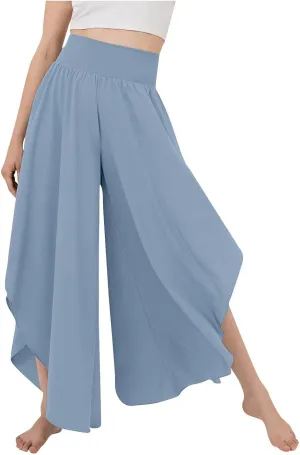 Women Flowy Split Wide Leg Pants High Waisted Yoga Pants Baggy Hippie Pilates Pants Boho Beach Plus Size Palazzo