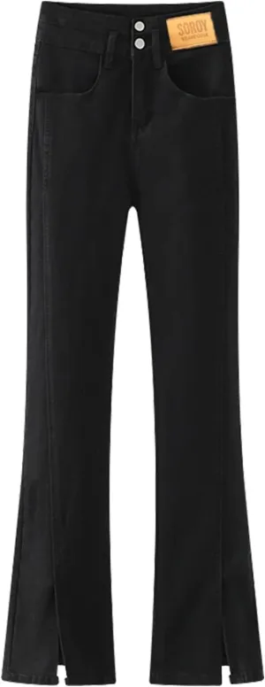 Women Jeans Women's Straight Leg Slit Stretch High Rise Flared Trousers Solid Color Button Women's Elastic Waist