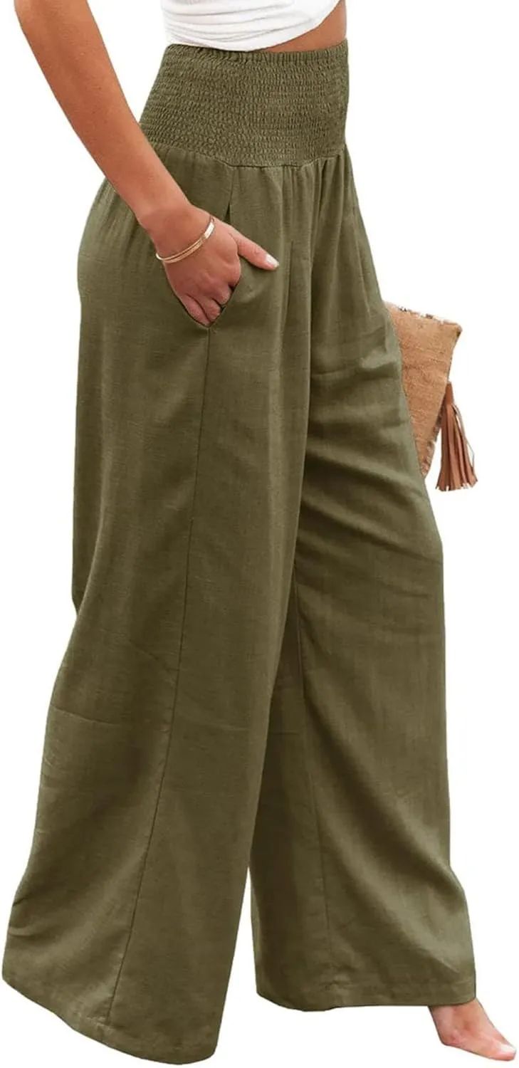 Women Linen Palazzo Pants High Waisted Wide Leg Long Lounge Pant Trousers Summer Casual Trendy Vacation Outfits with Pocket