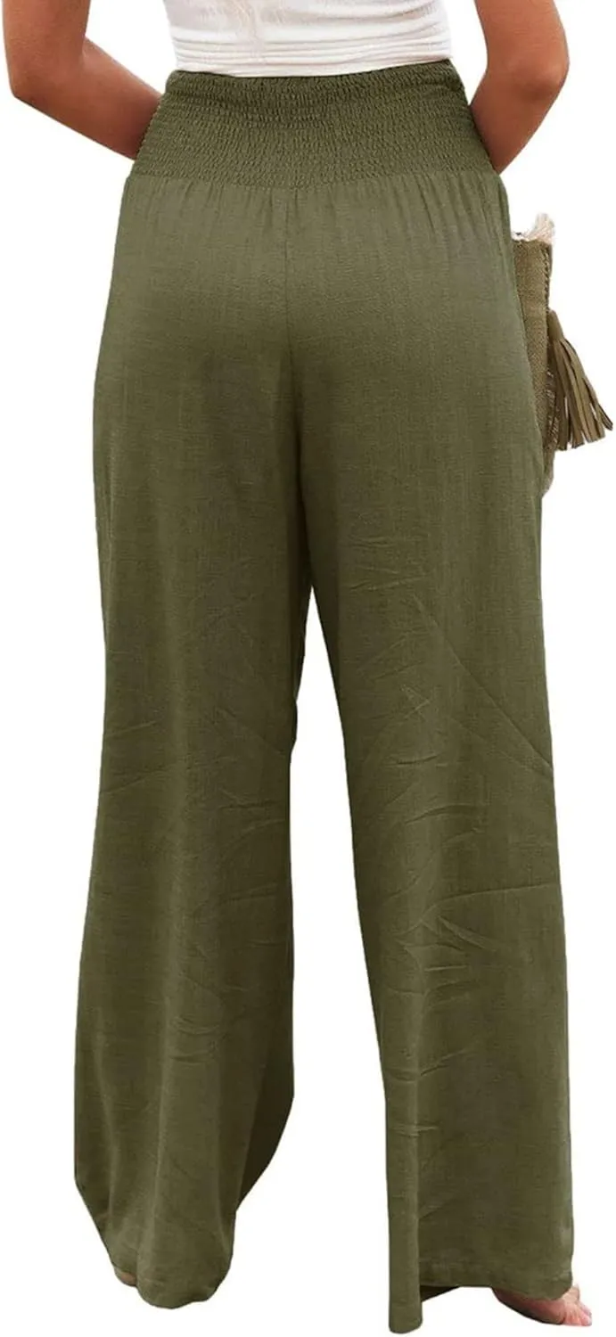 Women Linen Palazzo Pants High Waisted Wide Leg Long Lounge Pant Trousers Summer Casual Trendy Vacation Outfits with Pocket