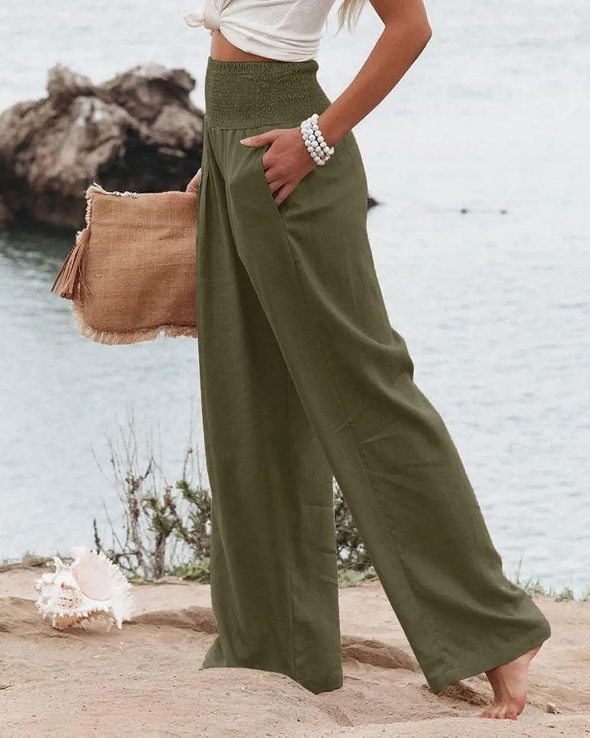 Women Linen Palazzo Pants High Waisted Wide Leg Long Lounge Pant Trousers Summer Casual Trendy Vacation Outfits with Pocket