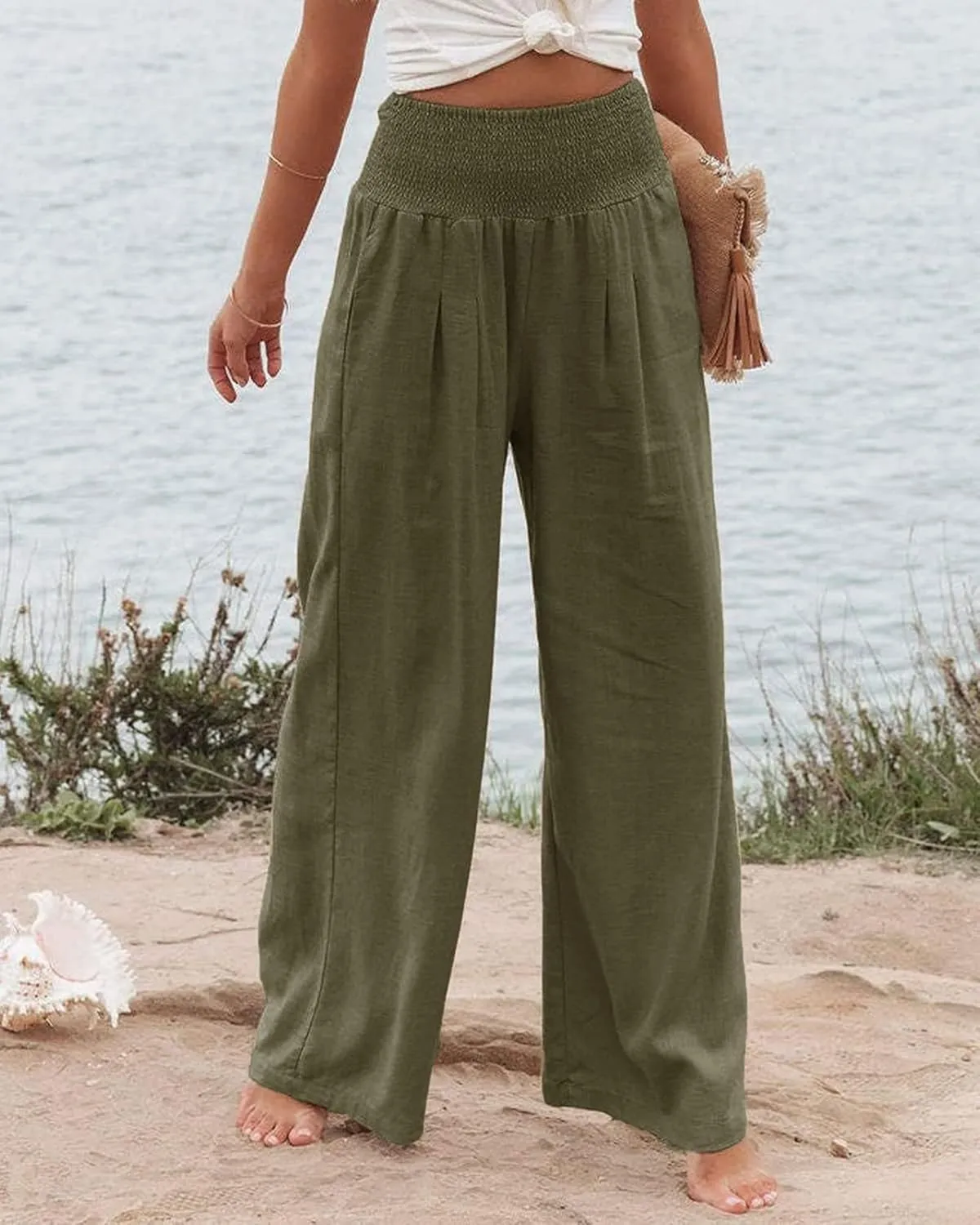 Women Linen Palazzo Pants High Waisted Wide Leg Long Lounge Pant Trousers Summer Casual Trendy Vacation Outfits with Pocket