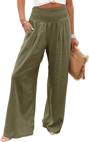Women Linen Palazzo Pants High Waisted Wide Leg Long Lounge Pant Trousers Summer Casual Trendy Vacation Outfits with Pocket
