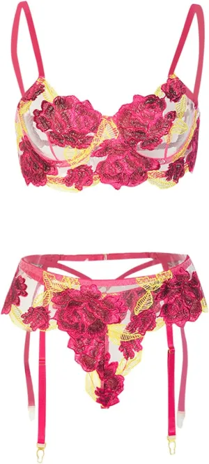 Women Lingerie Set with Garter Belts Floral Embroidery Lace Bralette and Panty Set Strappy Exotic Babydoll Lingerie