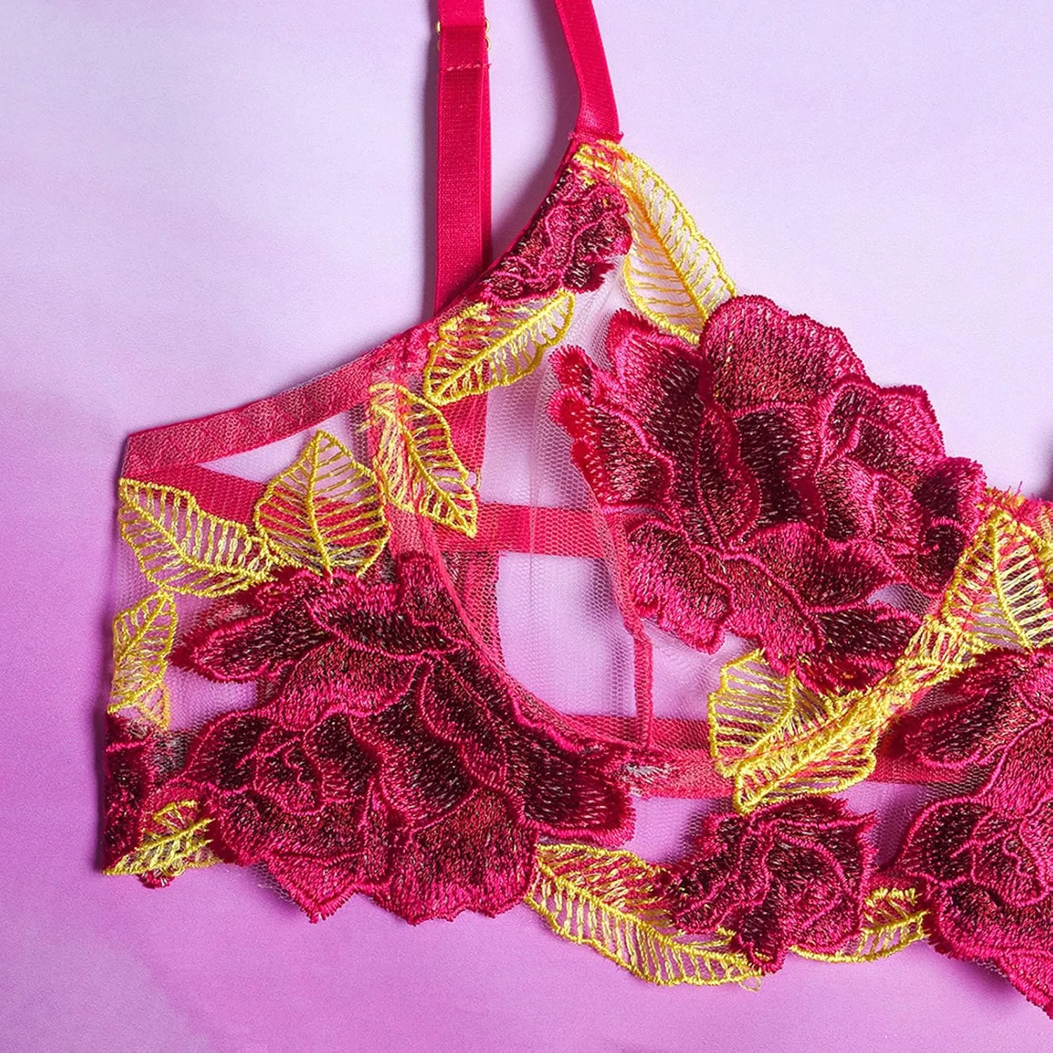 Women Lingerie Set with Garter Belts Floral Embroidery Lace Bralette and Panty Set Strappy Exotic Babydoll Lingerie