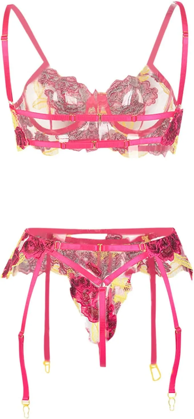 Women Lingerie Set with Garter Belts Floral Embroidery Lace Bralette and Panty Set Strappy Exotic Babydoll Lingerie